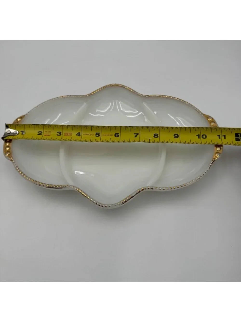 Vintage Fire King Milk Glass Divided Serving Dish With Gold Beaded Rim